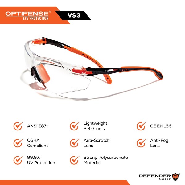 OPTIFENSE VS3 Anti Fog, AntiScratch, Premium SMOKED Safety Glasses, ANSI Z87  Safety Yellow